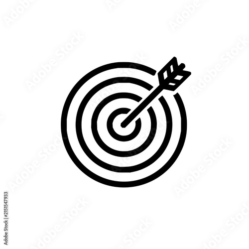 Target with arrow hitting the bullseye center for goal achievement in black line art style