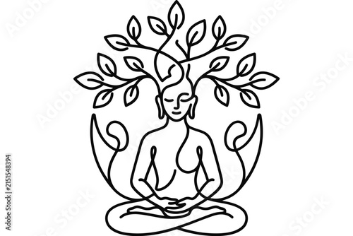Minimalist line art illustration of a meditating figure with a tree growing from its head.
