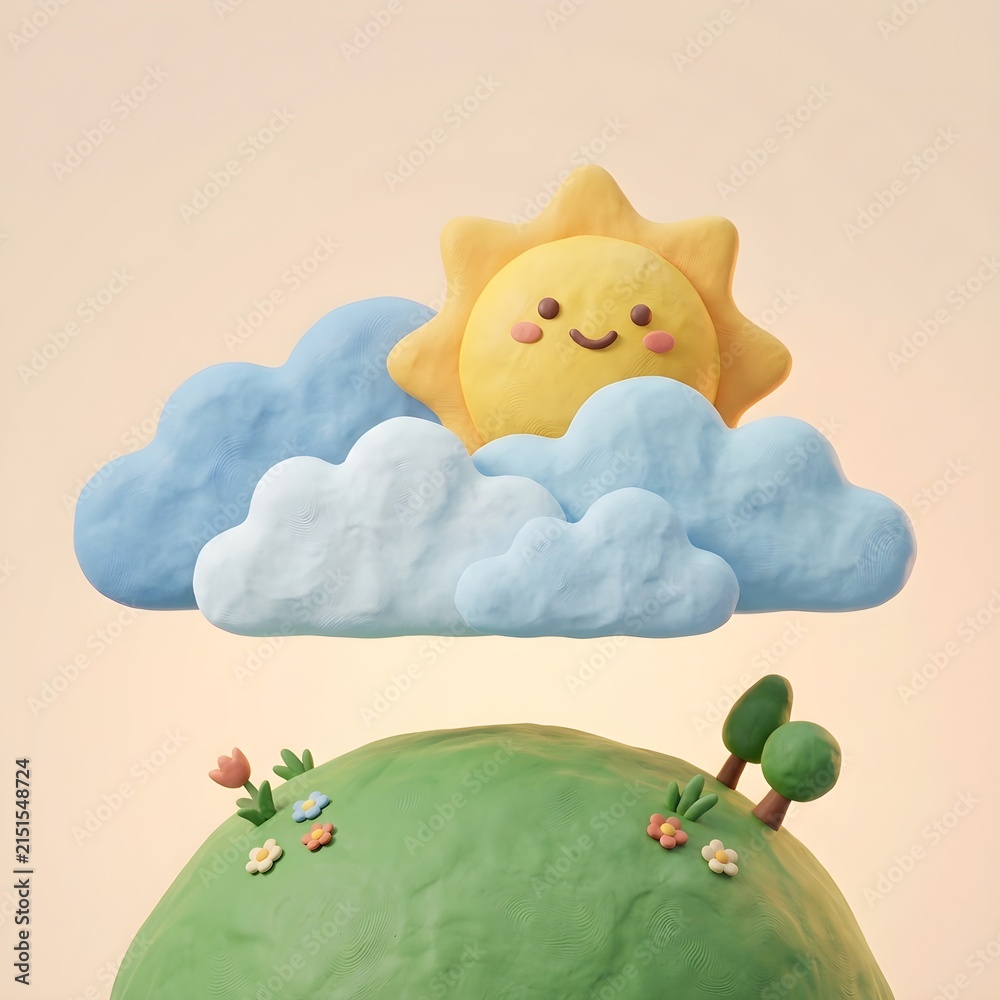 Fototapeta premium Cute clay art style illustration of a smiling sun and fluffy clouds above a green hill.