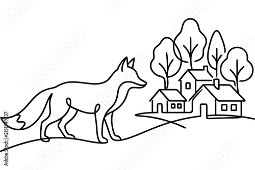 Minimalist continuous line drawing of a fox standing near a small village.