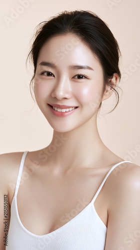 Vertical beauty portrait of smiling young Korean woman in white spaghetti strap top with clear glowing skin and soft makeup against beige background