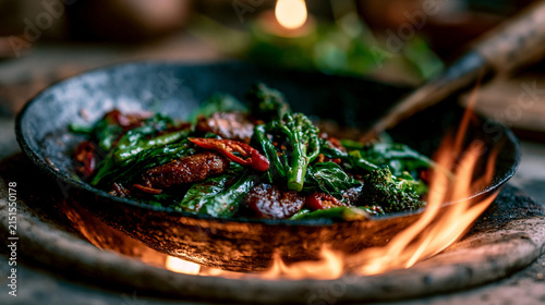 Stir fry cooking over open flames in a cast iron pan with cooking fire, cooking outdo