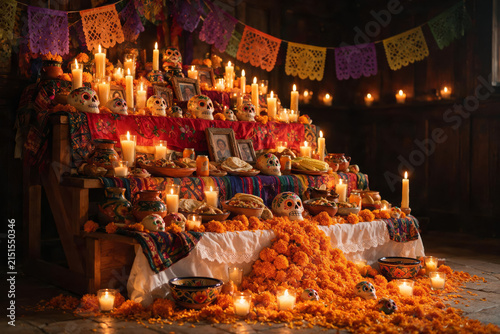 Traditional Day of the Dead Ofrenda Altar with Marigolds and Candles for Hispanic Heritage Month