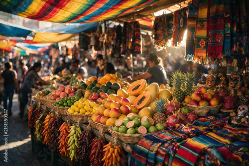 Colorful Latin American Street Market with Tropical Fruit and Handmade Crafts for Hispanic Heritage Month