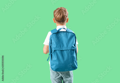 Little schoolboy with blue backpack on green background, back view