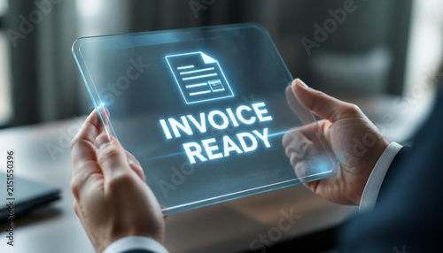 Professional businessman holding transparent glass tablet display showing bright blue glowing invoice ready text digital graphic