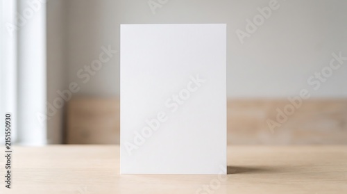 A blank white rectangular card standing upright on a light wooden table with a blurred background.