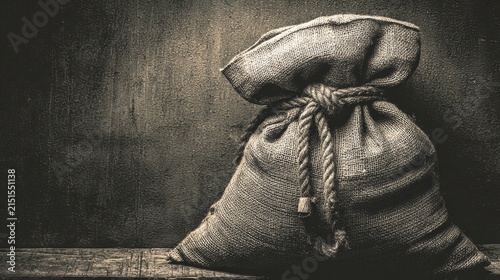 Rustic burlap sack on wooden surface against textured background