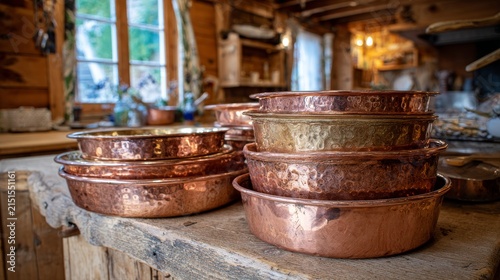 Rustic Copper Cookware Stacked in a Cozy Wooden Kitchen Environment