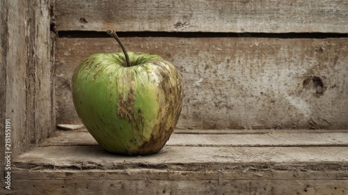 Rustic Green Apple on Weathered Wooden Shelf Background