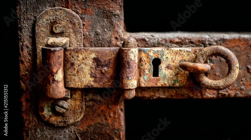 Rusty Lock and Hinge Detail on Old Wooden Door