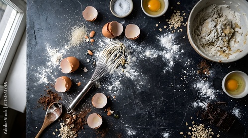 Baking ingredients and whisk on black stone table with flour spills