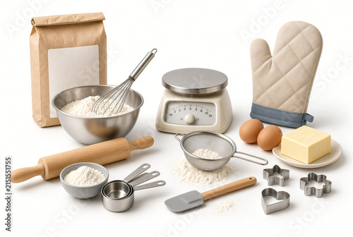 Mixing bowl, whisk, rolling pin, measuring cups, scale, sieve, spatula, oven mitt, flour bag with blank label, eggs, butter, and simple cookie cutters.