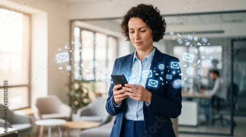 Businesswoman managing email communications on smartphone in modern office environment with digital interface icons