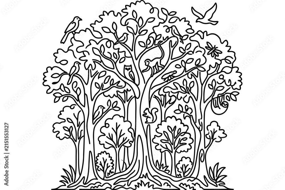Fototapeta premium Intricate black and white line art illustration of a lush forest tree filled with various animals.