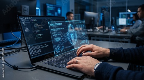 Cybersecurity Professional Monitoring Network Data Security Infrastructure on Advanced Laptop with Holographic Lock Interface in High Tech Office