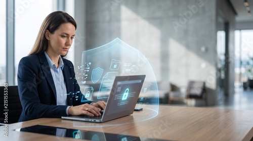 Businesswoman working on laptop with glowing cyber security shield overlay for data protection in modern office