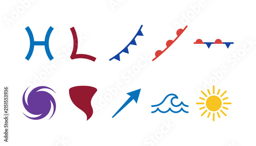 Meteorology and weather map symbol icon set high low pressure cold warm stationary front hurricane tornado wind direction wave sun vector illustration