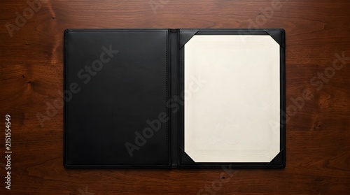 Open leather diploma folder with certificate on a wooden desk top