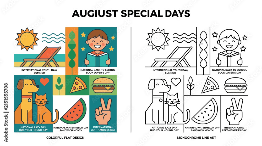 Fototapeta premium August Special Days: Colorful Flat Design vs. Monochrome Line Art Comparison