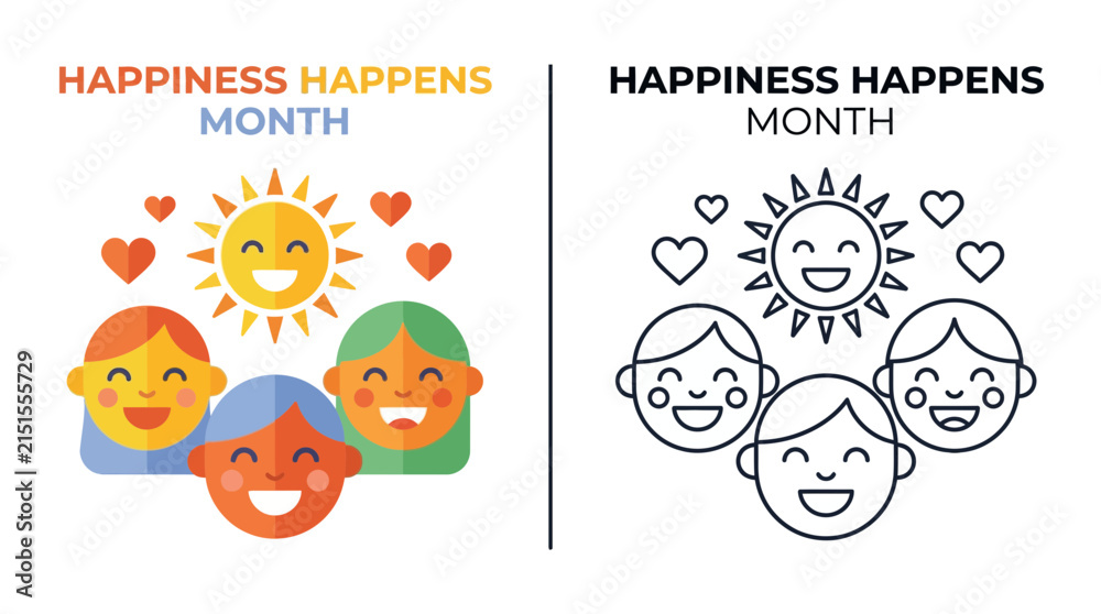 Fototapeta premium Happiness Happens Month: Diverse Friends Smiling with Sun & Hearts, Flat Icon