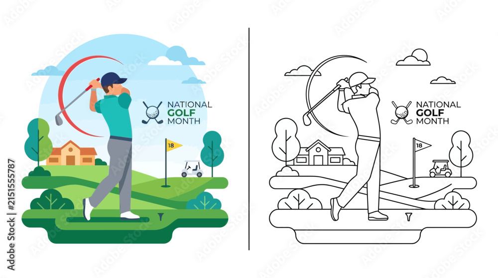 Fototapeta premium Golfer Swinging Club on Course, National Golf Month Illustration