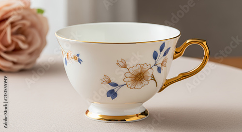 elegant white ceramic teacup with floral design and gold trim 