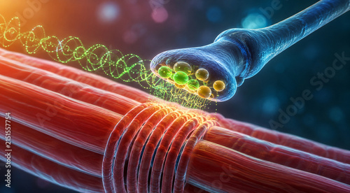 AI generated medical illustration of neuromuscular junction showing nerve terminal vesicles neurotransmitter signaling muscle fibers cellular communication