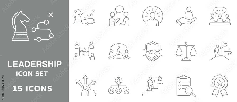 Fototapeta premium Fifteen thin line leadership showcasing chess strategy, team communication, mentorship, meetings, puzzle, handshake, and career advancement