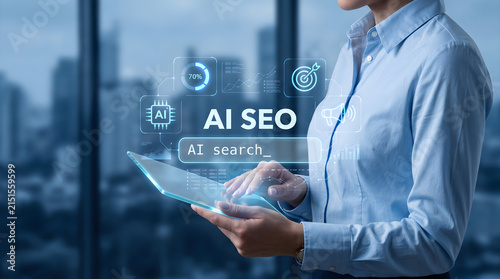 Businesswoman using futuristic digital tablet for AI search engine optimization marketing strategies to improve website ranking in corporate office