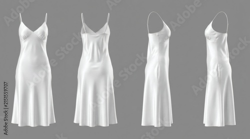 Women's White Slip Dress Four Views Front Back Right Side Left Side Satin Gray Background

