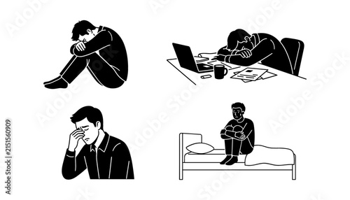 Mental Health and Work Burnout Silhouette Icon Set Featuring Depressed Man Crying Overworked Office Employee Headache and Insomnia Bed Symbols