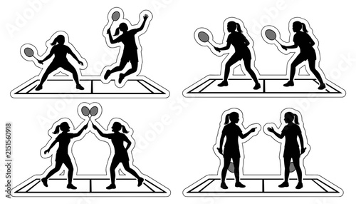 Women Badminton Players Sticker Icon Set Featuring Action Silhouettes of Female Athletes Playing Singles Doubles High Five and Handshake Positions