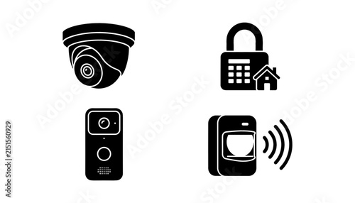 Smart Home Security System Silhouette Icon Set Featuring CCTV Dome Camera Electronic Padlock Smart Doorbell and Motion Sensor Alarm Symbols