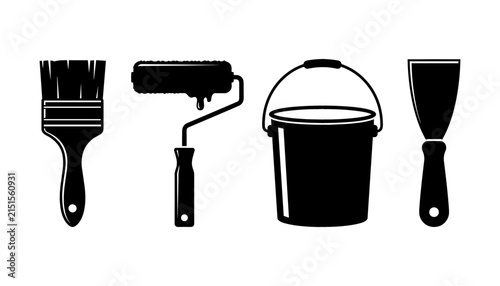 Bild auf Leinwand Home Renovation and Wall Painting Silhouette Icon Set Featuring Paintbrush Rolle