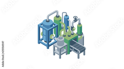 Chemical processing plant displays interconnected metal tanks and industrial pipe networks.