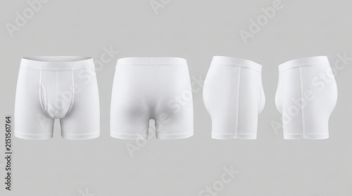 Men's White Boxer Briefs Four Views Front Back Right Side Left Side Stretch Cotton Gray Background

