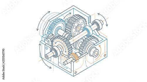 Obraz na plátně Gearbox assembly showcases complex rotational motion through detailed technical line art