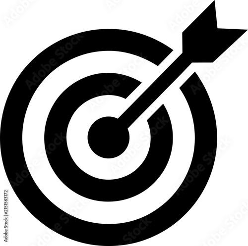 Black target icon with an arrow hitting the center isolated on transparent background