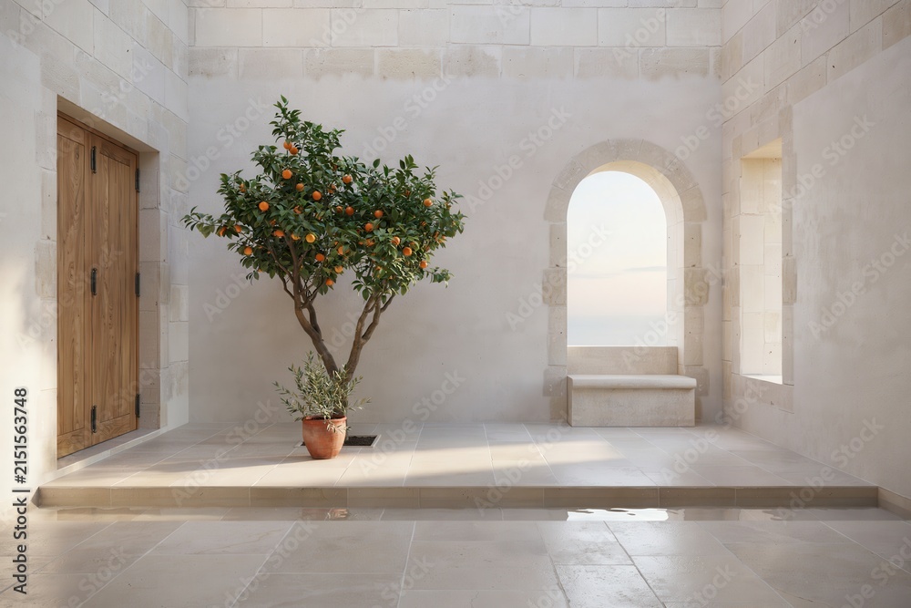 Fototapeta premium A potted orange tree with ripe fruit standing in a bright stone courtyard with arched windows, wooden doors, and soft sunlight hitting the floor