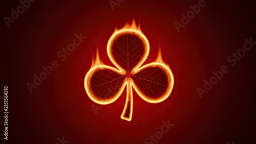 Fiery abstract shamrock on a dark red background, glowing with flame-like outlines