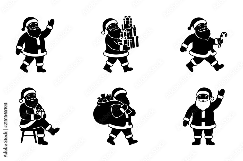 Fototapeta premium 70 Six Silhouette Santa Claus Icons, Festive Christmas Characters, Merry Holiday Vector Graphics, Winter Celebration Symbols, Gift Giving and Joyful Poses 100
