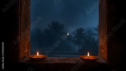 Diwali brass diya lamps glowing on stone sill with marigold light and evening fog backdrop