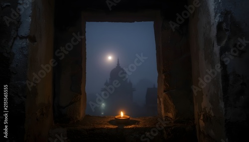 Brass diya lamp glowing with marigold flame on ancient stone windowsill for Diwali festival celebration