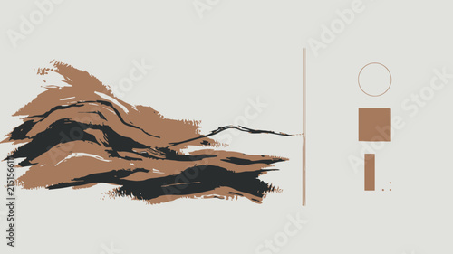 Abstract vector illustration featuring brown and dark grey brush strokes with geometric shapes on a light neutral background for design