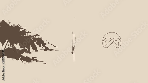 Elegant vector illustration featuring a traditional japanese pagoda landscape paired with a minimalist linear infinity symbol on neutral beige background