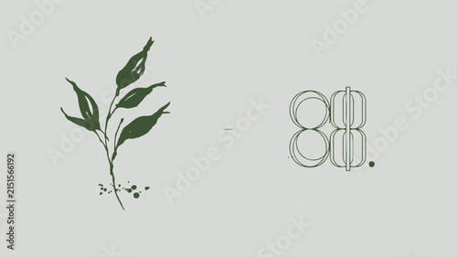 Minimalist vector illustration featuring delicate hand drawn botanical plant elements paired with elegant modern geometric line art number eighty eight