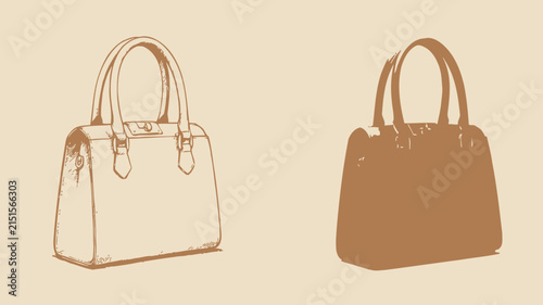 Elegant female handbag vector illustration featuring detailed line art and a solid silhouette style for modern fashion branding design projects