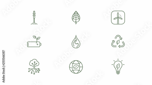 Green energy vector illustration set featuring renewable power icons like wind turbine and recycled leaf symbols for sustainable modern branding