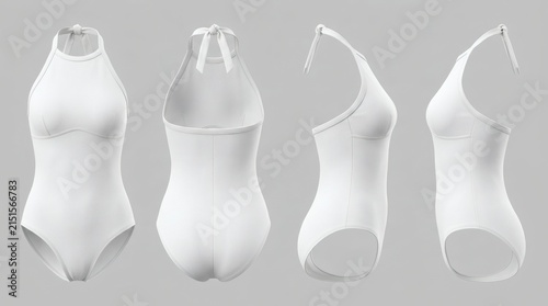 Women's White Halter Neck Swimsuit Four Views Front Back Right Side Left Side Stretch Fabric Gray

